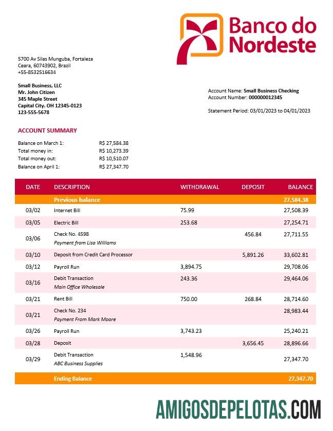 Imprimível Banco Do Nordeste Firm Account Statement Word And PDF modelo